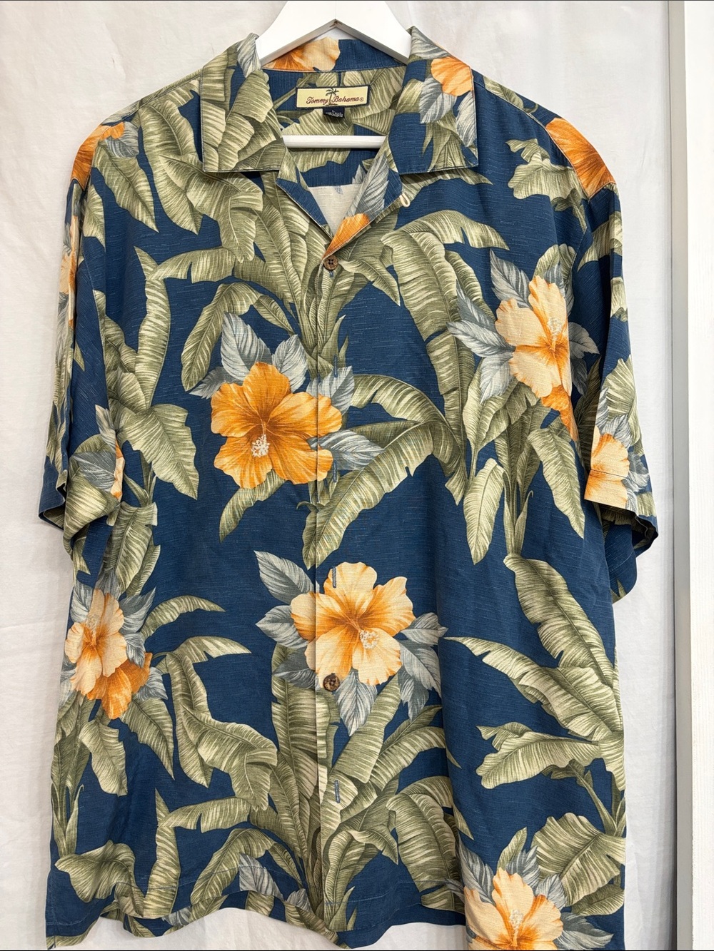 Tommy Bahama Teal Blue Hawaiian Shirt with Orange Floral Print